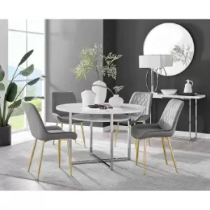 Image of Furniture Box Adley White High Gloss Storage Dining Table and 4 Grey Pesaro Gold Leg Chairs
