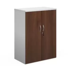 Image of Duo double door cupboard 1090mm high with 2 shelves - white with walnut doors