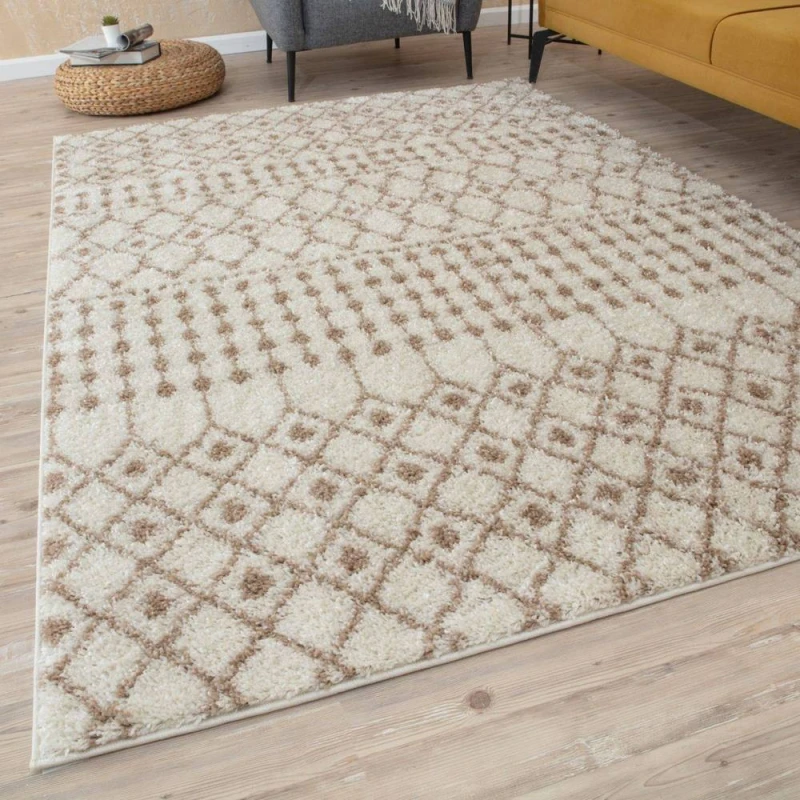 Image of THE RUGS Soft Moroccan Diamond Shaggy Rugs & Runners Ivory Beige Living Room Size: 80cm x 300cm Ivory Unisex 80cm x 300 cm