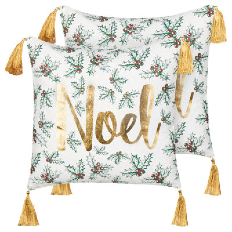 Image of Beliani Set Of 2 Decorative Cushions Zamia Cotton 45 X 45cm White Christmas Motif