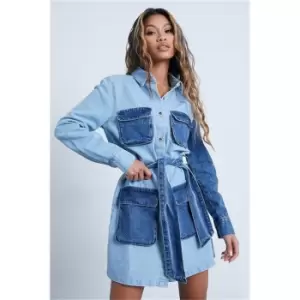 Image of I Saw It First Mid Wash Colour Block Utility Dress - Blue
