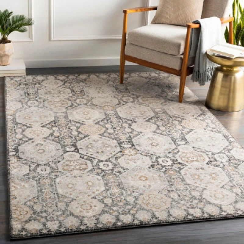 Image of Livabliss Vintage Oriental Boho Black Lotus Area Rug 200 X 275cm - Easy Care, Non Shedding, Ideal For Living Room & Bedroom