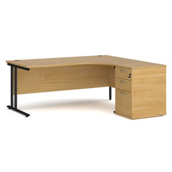 Image of Office Desk Right Hand Corner Desk 1800mm With Pedestal Oak Top With Black Frame Maestro 25