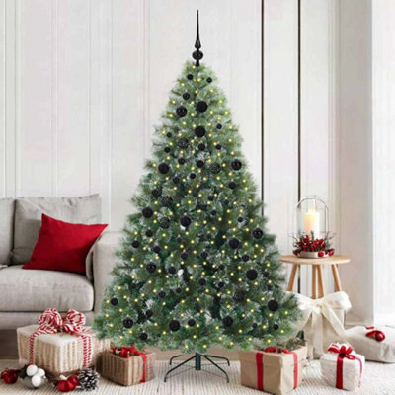 Image of vidaXL Artificial Christmas Tree with 300 LEDs and Black Balls Snow Flocked Green 180cm PE and PVC, Green 3397849