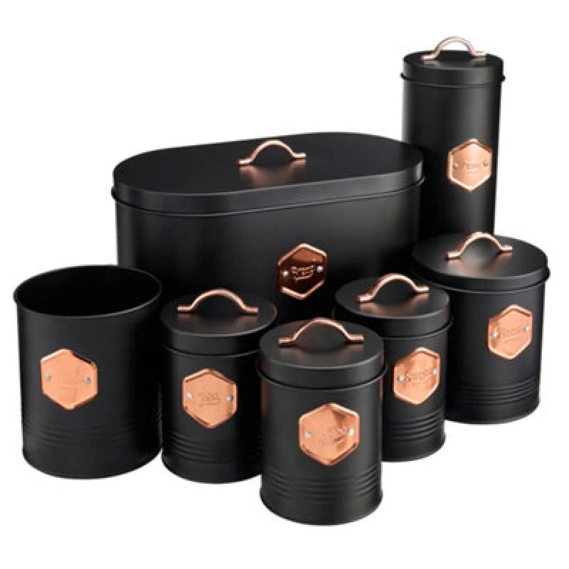 Image of Cooks Professional 7Pc Tea Coffee Sugar Bread Biscuit Pasta & Utensil Cannister Set - Labelled Kitchen Storage Tins - Black/copper