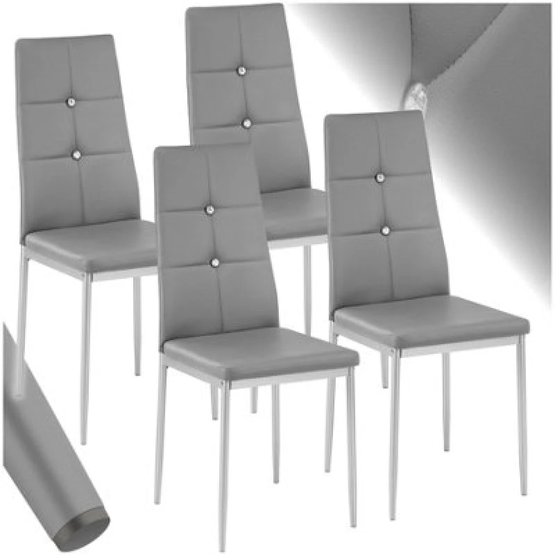 Image of Tectake Set Of 4 Dining Chair Set - High Backrest, Slim Steel Legs & Rhinestone Highlights - Grey