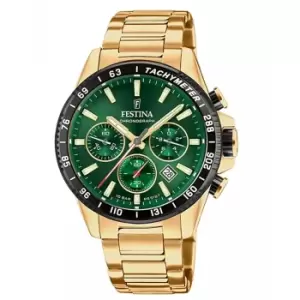 Image of Festina F20634-4 Mens Green Dial Gold Tone Case Chronograph Wristwatch