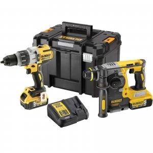 Image of DEWALT DCK229P2T 18v XR Cordless Combi Drill and SDS Drill Kit 2 x 5ah Li-ion Charger Case