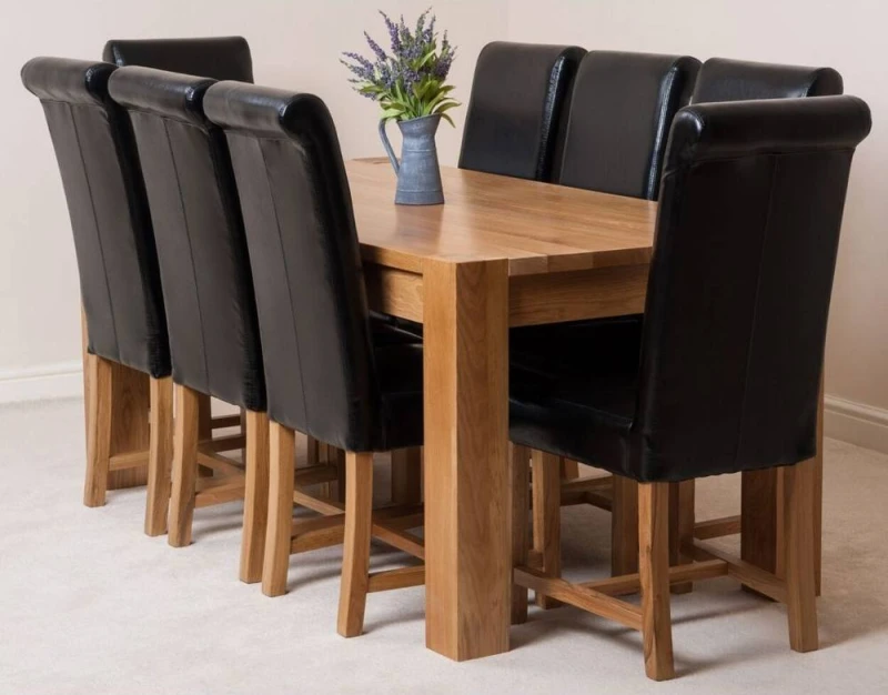 Image of Thats Furniture Kuba 180 x 90cm Chunky Oak Dining Table & 8 Washington Leather Chairs in Black Unisex 180 x 90 cm
