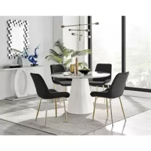 Image of Furniturebox Palma White Marble Effect 120cm Round Minimalist Dining Table & 4 Black Pesaro Gold Leg Velvet Chairs
