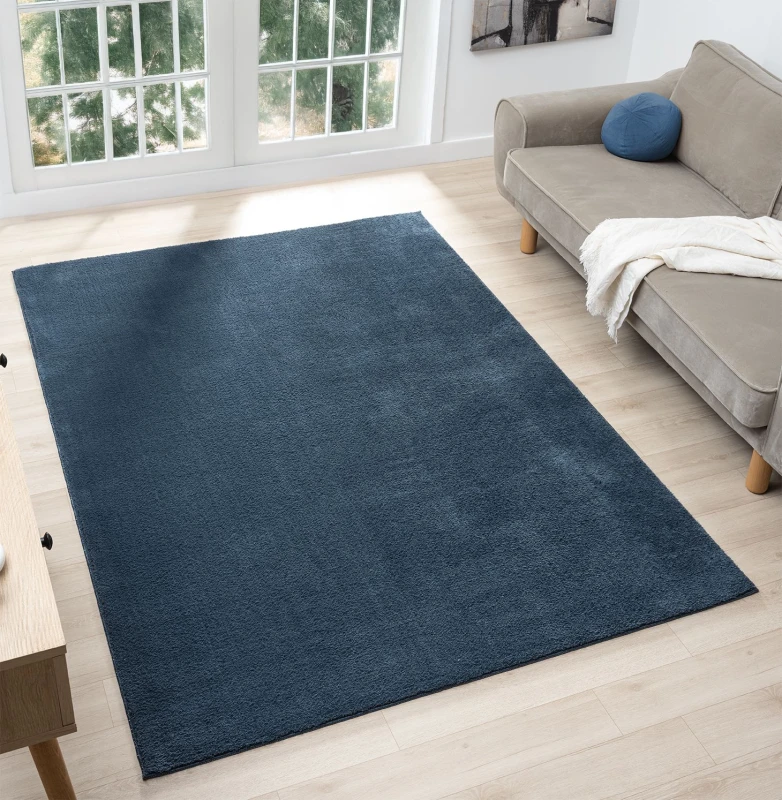 Image of Comfy Washable Low Pile Living Room Area Rug - Anti Slip Felt Backing Navy 200Cm X 280Cm