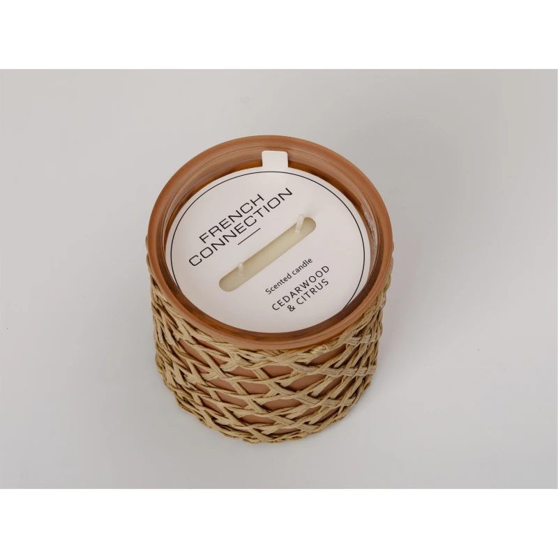 Image of French Connection French Connection Cedarwood & Citrus Scented Jar Candle with Woven Rattan - Luxury Gift in Beige Size: Large Beige Large Unisex 50