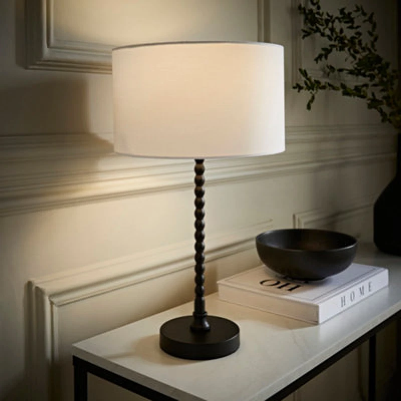 Image of ValueLights ValueLights Maeve Fabric Drum Lamp Shade Matte Black Bobbin Bobble Table Lamp with LED Bulb in White White One Size Unisex 5059406067174