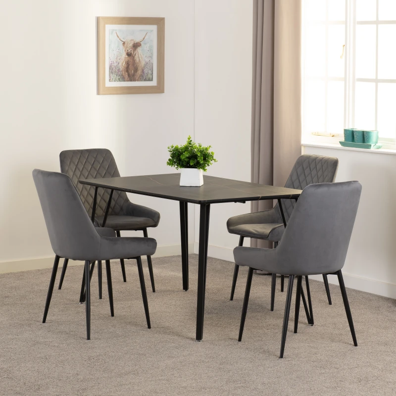 Image of Seconique Marlow & Avery Dining Set (x4 Chairs) - Black Marble/Grey Velvet, Black 400-401-353