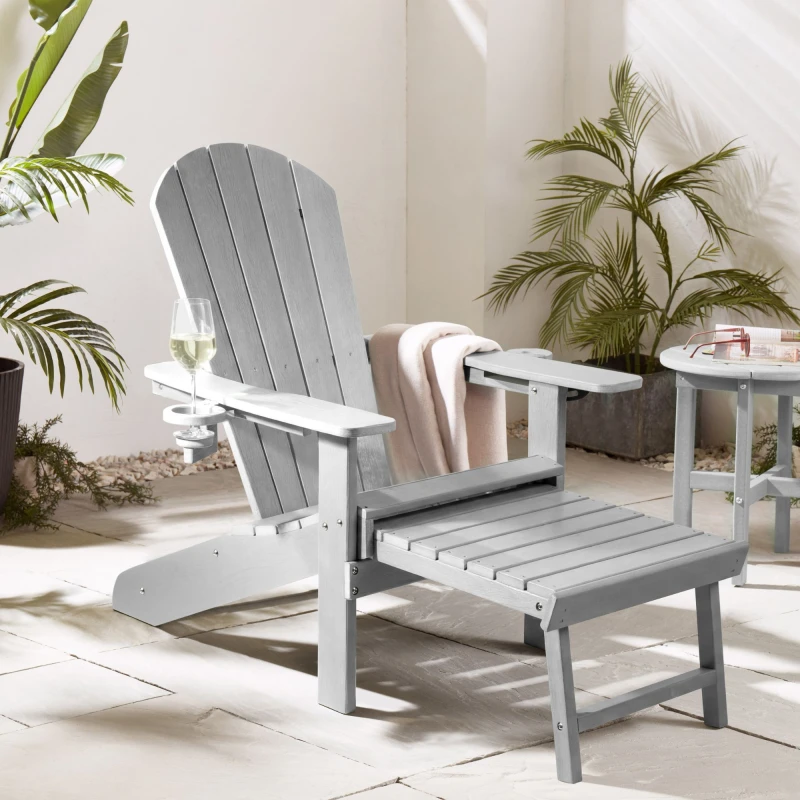 Image of Vonhaus Grey Adirondack Chair & Folding Foot Stool, Water Resistant Hdpe Garden Chair & Lounger With Foldable & Sliding Foot Rest