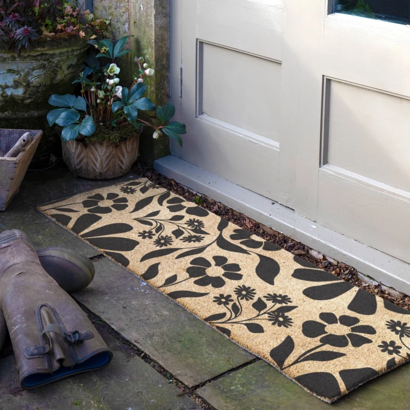 Image of Artsy Mats Black Floral Pattern Doormat (120 X 40Cm), Brown 12040-BLKFLOWER