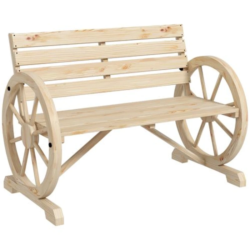 Image of Outsunny Outsunny 2 Seater Garden Bench w/ Wooden Cart Wagon Wheel Natural