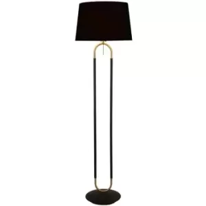 Image of Searchlight Jazz 1 Light Floor Lamp, Satin Brass And Black Velvet Shade Pull Switch