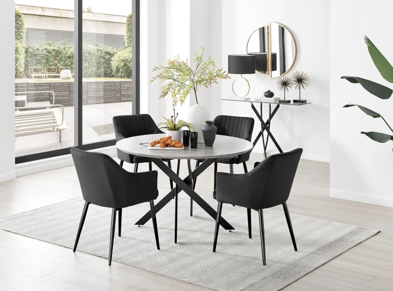 Image of FurnitureboxUK FurnitureboxUK Novara Grey Concrete Effect Black Leg 120cm Round Dining Table & 4 Calla Black Leg Chairs Black One Size Unisex 50566571