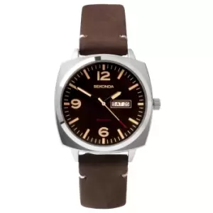 Image of Sekonda Airborne Quartz Black Dial Brown Strap Mens Watch 1988
