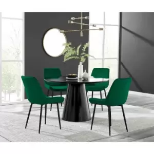 Image of Furniture Box Palma Black Semi Gloss Round Dining Table and 4 Green Pesaro Black Leg Chairs