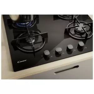 Image of Candy CVW6BB 60cm 4 Burner Gas Hob on Black Glass Wok Burner