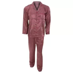 Image of Mens Traditional Patterned Long Sleeve Satin Shirt & Bottoms Pyjamas/Nightwear Set (L Chest: 42inch) (Red)