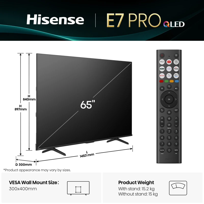 Image of 65" HISENSE E7Q PRO QLED 4K HDR Smart TV with Freely - 65E7QTUK PRO, Black 6942351416632