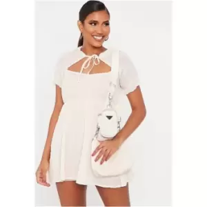 Image of I Saw It First Dobby Chiffon Puff Sleeve Tie Neck Skater Dress - Brown