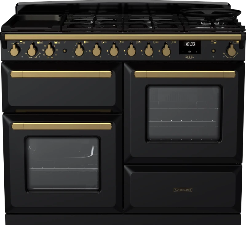 Image of Rangemaster Estel Deluxe ESDLO110DFPGBL/AB1 110cm Dual Fuel Range Cooker - Black / Antique Brass - A/A Rated