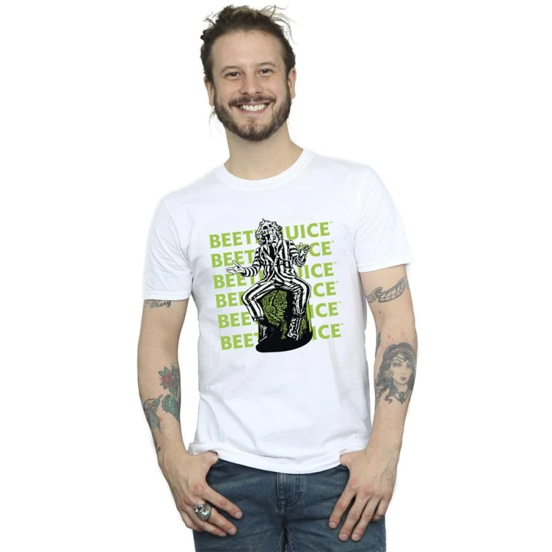 Image of Beetlejuice Beetlejuice Men Pose Cotton T-Shirt in White Size: Small White S Male 5063376716703