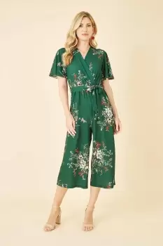 Image of Green Floral Print Jumpsuit With Angel Sleeves