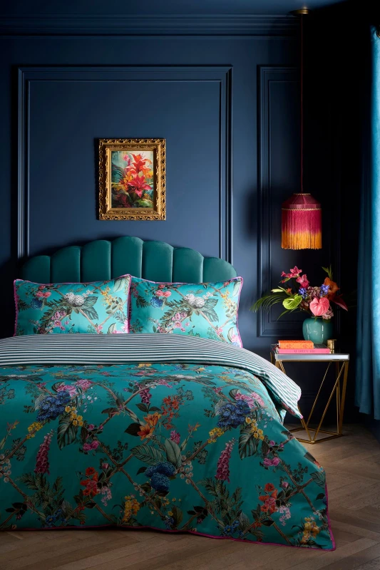 Image of Laurence Llewelyn-Bowen Cotswold Fantasia Floral Stripe Duvet Cover Bedding Set Teal