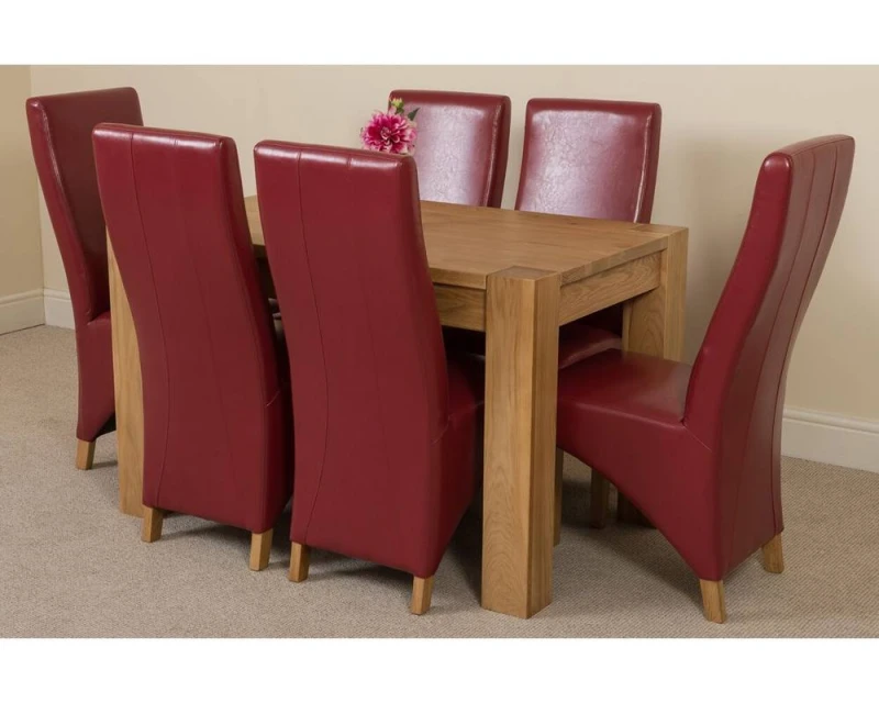 Image of Thats Furniture Kuba 125 x 80cm Chunky Oak Small Dining Table & 6 Lola Leather Chairs in Red Red Unisex 125 x 80 cm