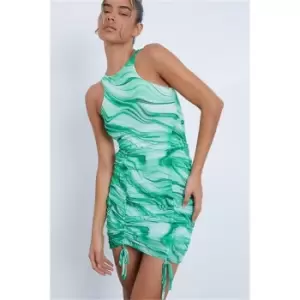 Image of I Saw It First Green Abstract Mesh Racer Neck Ruched Bodycon Dress - Green