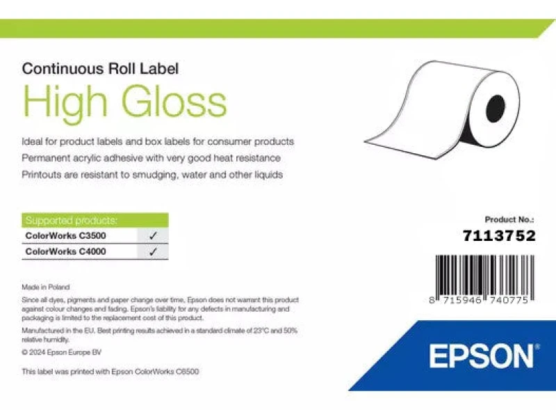 Image of Epson 7113752 High Gloss White Continuous Label Roll 51mm x 33m (Original)