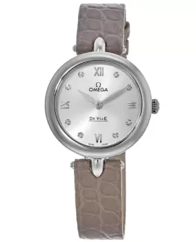 Image of Omega De Ville Prestige Quartz 27.4mm Dewdrop Silver Diamond Dial Leather Strap Womens Watch 424.13.27.60.52.001 424.13.27.60.52.001