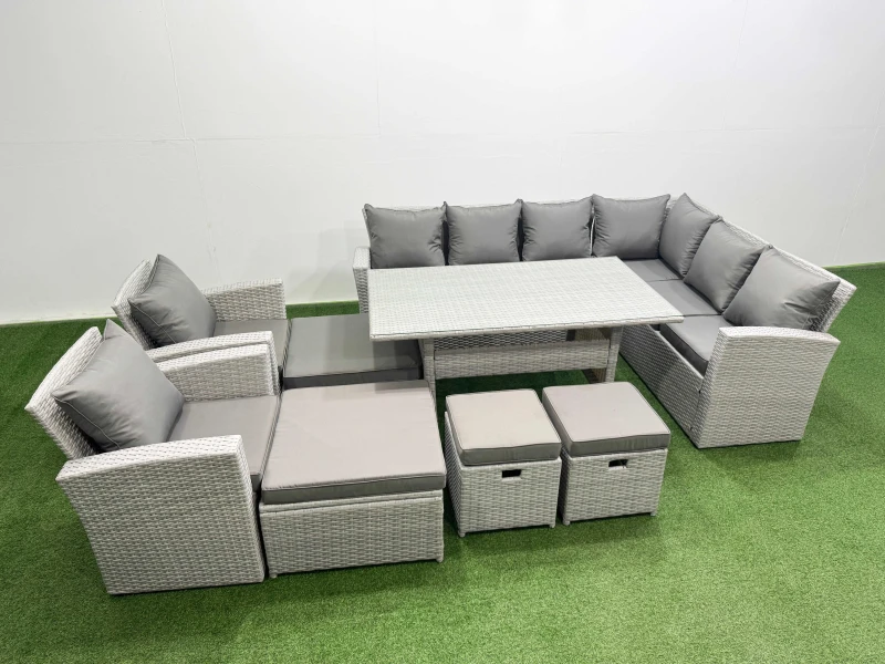 Image of Fimous Rattan Garden Furniture Set Outdoor 12 Seater Dining Corner Sofa Sets in Light Grey Light Grey Unisex