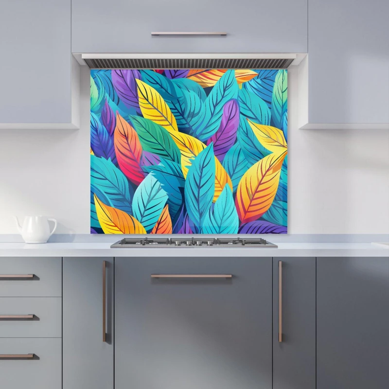 Image of Warren Reed - Designer Bright Colourful Leaves Kitchen Splashback in Blue Size: 900mm x 650mm Blue Unisex 900mm x 650mm
