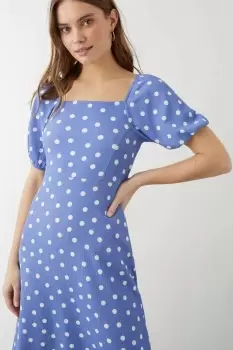 Image of Blue Spot Print Square Neck Midi Dress