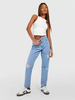Image of Boohoo High Rise Distressed Mom Jeans - Light Wash, Blue, Size 6, Women