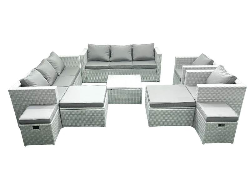 Image of Fimous Garden Outdoor Furniture Set 12 Seater Rattan Sofa Set with 4 Footstools Light Grey Mixed Light Grey