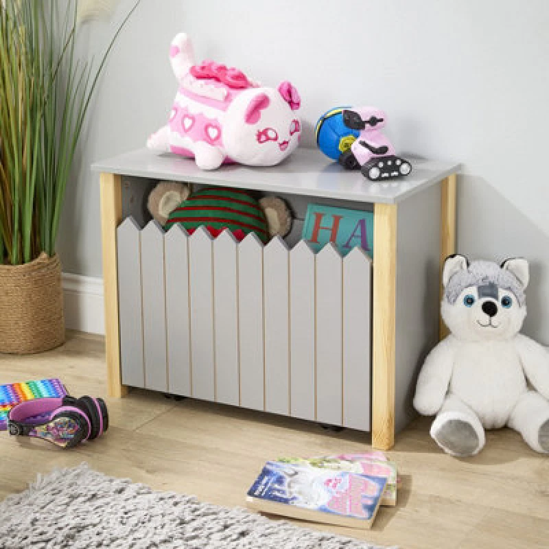 Image of Home Source Ziggy Pull-Out Grey Picket Fence Toy Box Storage Bench Chest