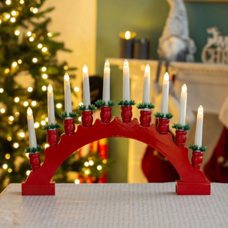 Image of Christmas Workshop 10 LED Red Arched Wooden Candle Bridge Light 71169