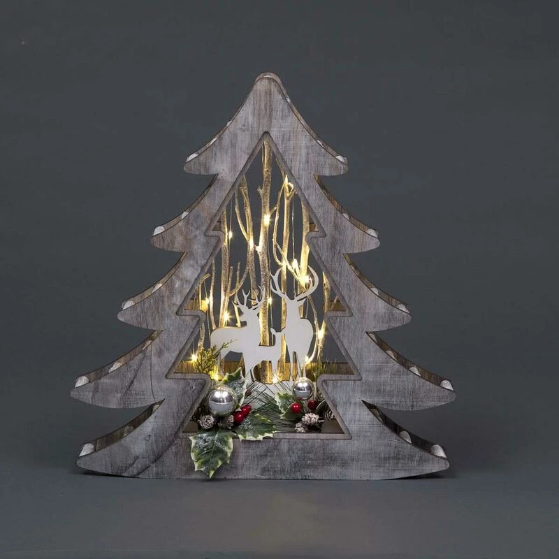 Image of Shatchi B/O LED Wooden Reindeer Scene - Xmas Tree Shape - W46xD7xH48cm Brown