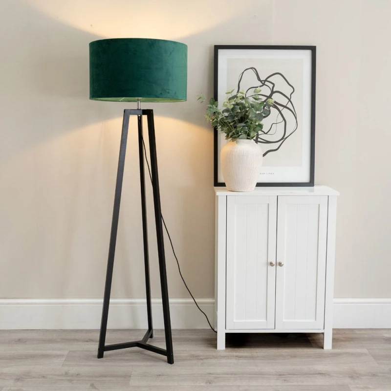 Image of ValueLights Lottie Black Wood Tripod Floor Lamp with Velvet Drum Shade Green