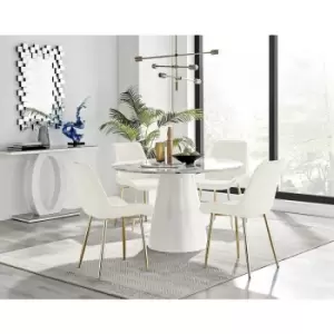 Image of Furniturebox Palma White Marble Effect 120cm Round Minimalist Dining Table & 4 Cream Pesaro Gold Leg Velvet Chairs