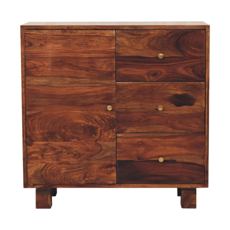 Image of Artisan Furniture Artisan Furniture Solid Wood Tula Mini Sideboard, Brown, 3 Drawers and 1 Door