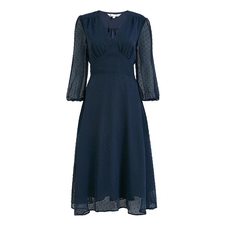 Image of Yumi Navy Dobby Spot 'Elora' Midi Dress - 8