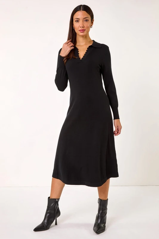 Image of Roman Womens Scallop Detail Knitted Midi Dress in Black Size: 18 Black Female 18